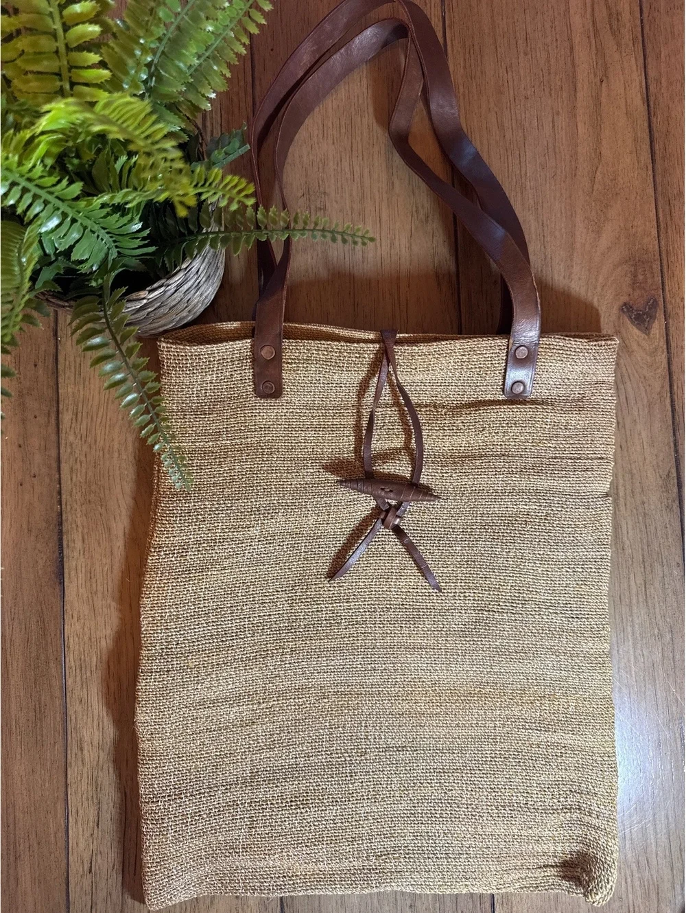 Handwoven Sisal Cotton & Leather Tote Bag Brown Boho Artisan Made in Indonesia